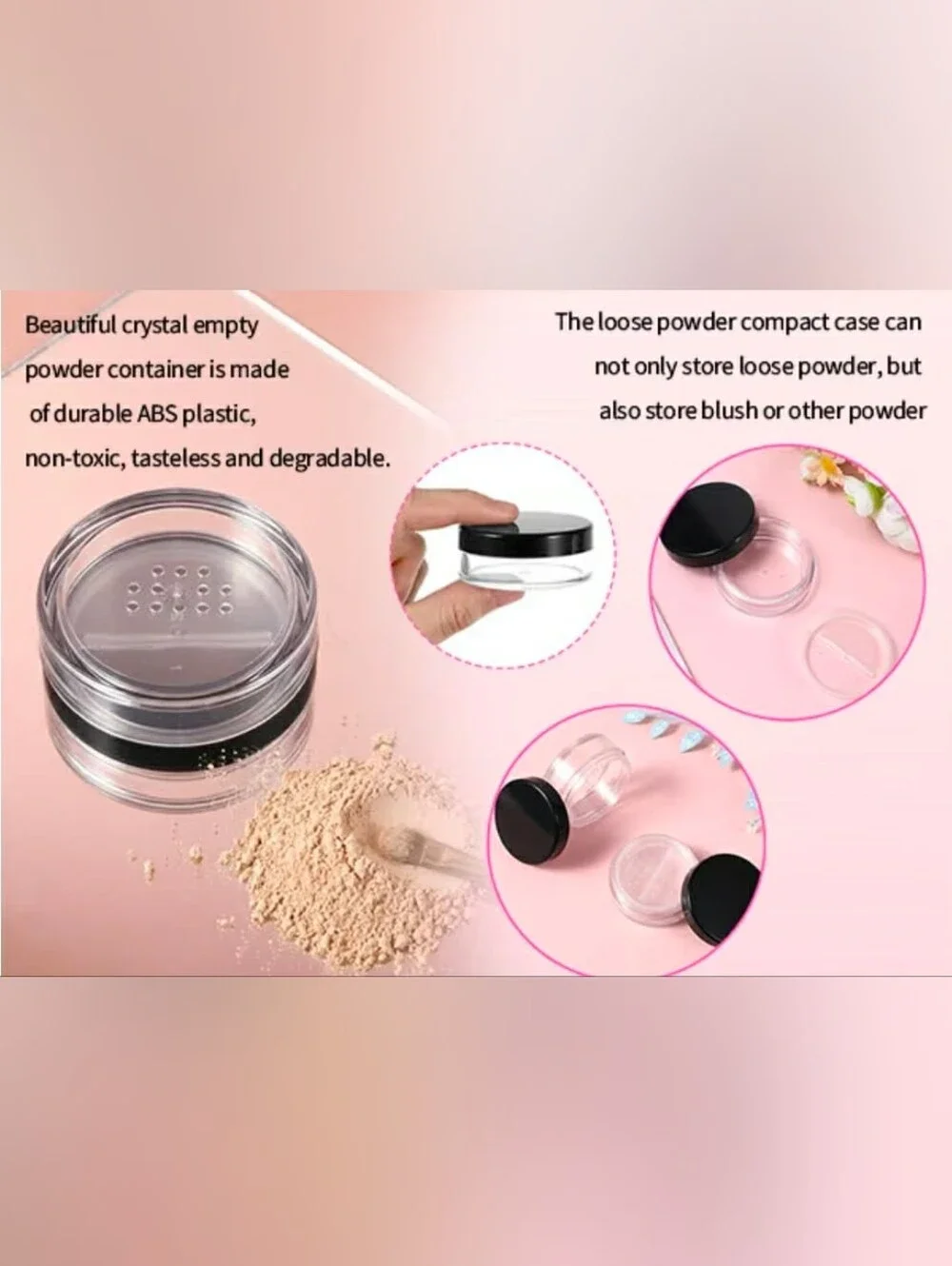 Clear Travel-Friendly Powder Cosmetic Jar with Black Screw Lid & Sifter BNIB